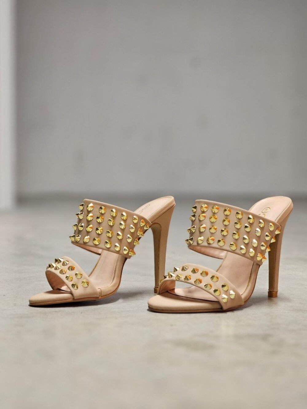 Studded Nude High Heel Slide Sandals - Picture 9 of 14